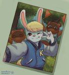 anthro blonde_hair blue_body blue_eyes blue_fur brown_body brown_eyes brown_fur clothing forest fur group hair identical_twins jacket letterman_jacket male one_eye_closed plant selfie topwear tree trio white_body white_fur wink sunshine_memoir animal_crossing nintendo sasha_(animal_crossing) timmy_nook tommy_nook canid canine lagomorph leporid mammal rabbit raccoon_dog tanuki digital_media_(artwork) hi_res shaded brother_(lore) brothers_(lore) sibling_(lore) twins_(lore)