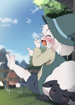 age_difference ambiguous_gender anthro barefoot biped blush clothing dialogue eyes_closed feet feral fingers fur grass group hat headgear headwear male on_ground open_mouth open_smile plant quadruped smile text tongue white_body white_fur young young_anthro young_male younger_male dagasi aesop's_fables the_boy_who_cried_wolf bovid caprine goat mammal sheep 2025 digital_media_(artwork) english_text hi_res japanese_description
