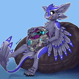 anthro bean_bag belly blue_body blue_fur blush blush_lines claws duo feathers fur grey_body grey_fur inside_stomach machine male male/male oral_vore paws screen screen_face simple_background sitting tongue vore x-ray_view vikas reauouenoux avali protogen 1:1 hi_res
