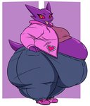 2023 aliasing anthro belly big_belly big_breasts bottomwear breasts clothed clothing denim denim_bottomwear denim_clothing digital_media_(artwork) eyebrows eyelashes female footwear full-length_portrait fully_clothed generation_1_pokemon ghost grey_bottomwear grey_clothing grey_pants hand_on_hip haunter heart_symbol huge_belly huge_thighs jacket jeans looking_at_viewer morbidly_obese morbidly_obese_anthro morbidly_obese_female nintendo obese obese_anthro obese_female overweight overweight_anthro overweight_female pants pink_clothing pink_footwear pink_jacket pink_sclera pink_shirt pink_shoes pink_topwear pockets pokemon pokemon_(species) portrait purple_body shirt shoes short_tail side_view solo spirit standing tail thatoneaceguy thick_thighs tongue tongue_out topwear yellow_eyes