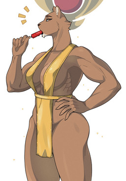 5_fingers anthro big_breasts biped breasts claws clothed clothed_anthro clothed_female clothing egyptian female fingers food front_view fur looking_at_viewer muscular muscular_anthro muscular_female popsicle simple_background solo standing thick_thighs white_background nulia egyptian_mythology golden_week middle_eastern_mythology mythology harba deity felid lion mammal pantherine 2026 digital_drawing_(artwork) digital_media_(artwork) hi_res