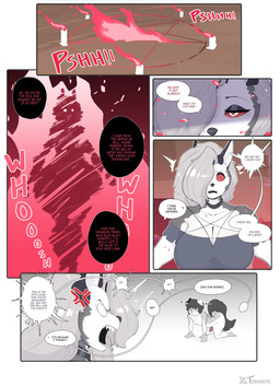 all_fours angry anthro black_eyeshadow candle dialogue duo erection eyeshadow female fur genitals grey_body grey_fur grey_hair hair hair_over_eye makeup male nude_male penis profanity red_eyes sharp_teeth summoning summoning_circle teeth text white_body white_fur toyami hellaverse helluva_boss mythology loona_(helluva_boss) canid canid_demon canine canis demon domestic_dog hellhound mammal mythological_canine mythological_creature absurd_res comic english_text hi_res