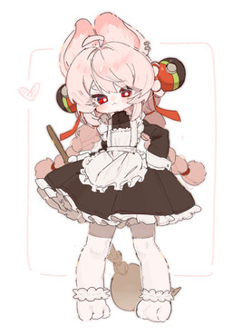 3_toes ahoge anthro apron barefoot black_clothing black_dress blush braided_pigtails clothed clothed_anthro clothed_female clothing dress ear_piercing ear_ring feet female flat_chested fully_clothed fully_clothed_anthro fully_clothed_female fur hair maid_uniform paws piercing pink_body pink_fur pink_hair red_eyes ring_piercing simple_background toes uniform white_apron white_background white_clothing siomimidesu mihoyo zenless_zone_zero zhao_(zenless_zone_zero) lagomorph leporid mammal rabbit thiren absurd_res hi_res