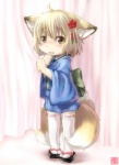 accessory ahoge asian_clothing blonde_hair blush bodily_fluids clothing curtains east_asian_clothing fangs female flower_clip footwear fox_tail geta hair hair_accessory hairclip japanese_clothing kanzashi legwear looking_at_viewer multi_tail obi sandals shoes short_hair socks socks_with_sandals solo tabi_socks tail tears teeth yellow_eyes young yukata zori koishi_chikasa animal_humanoid canid canid_humanoid canine canine_humanoid fox fox_humanoid humanoid mammal mammal_humanoid