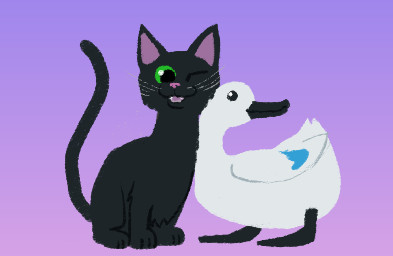 :3 ambiguous_gender beak black_body black_fur duo feral fur glistening glistening_eyes green_eyes one_eye_closed open_mouth paws purple_background simple_background sitting smile tail teeth toony whiskers wink mike_sebele a_waddleful_life little_kitty_big_city little_kitty_(lkbc) anatid anseriform avian bird domestic_cat duck felid feline felis mammal 2024 crossover low_res