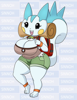 3_toes anthro backpack bandage big_breasts black_eyes bottomwear breasts buckteeth clothing curvy_figure feet female pokeball shirt short_stack shorts solo tail teeth toes topwear voluptuous white_body yellow_cheeks urusee584 nintendo pokemon generation_4_pokemon pachirisu pokemon_(species) hi_res