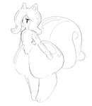 anthro big_butt big_tail black_eyes butt curled_tail eyelashes female genitals hair hair_over_eye huge_tail huge_thighs nude pussy short_hair simple_background small_waist smile solo tail thick_tail thick_thighs white_background wide_hips trashybag mammal rodent sciurid tree_squirrel monochrome