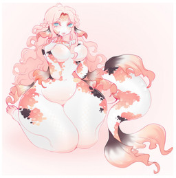 anthro black_markings blue_eyes blush body_blush breasts eyebrows eyelashes female fin hair hand_on_chest lips long_hair markings medium_breasts navel nude orange_markings pink_eyebrows pink_eyelashes pink_hair pink_lips simple_background small_waist solo tail thick_thighs wavy_hair white_body wide_hips mokkapie amur_carp aquatic carp cyprinid cypriniform fish koi typical_carp colored digital_drawing_(artwork) digital_media_(artwork) hi_res shaded