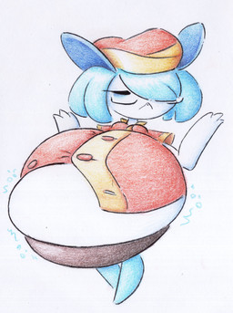 belly big_belly blue_eyes blue_hair clothing female hair hat headgear headwear inflation red_clothing red_shirt red_topwear shirt simple_background solo topwear white_background shar0makai nintendo pokemon generation_3_pokemon kirlia pokemon_(species) 2025 absurd_res hi_res traditional_media_(artwork)