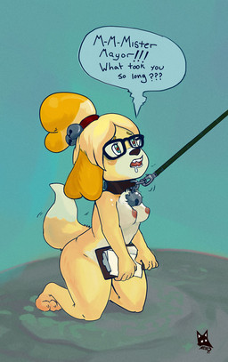 accessory anthro bell blush bodily_fluids breasts caption clipboard collar dialogue drooling english_honorific eyewear female fur glasses hair hair_accessory hairband heart_eyes heart_symbol holding_clipboard holding_object honorific intense_stutter nipples nude open_mouth saliva simple_background solo speech_bubble stuttering teeth text yellow_body yellow_fur newd animal_crossing nintendo isabelle_(animal_crossing) canid canine canis domestic_dog mammal shih_tzu toy_dog english_text