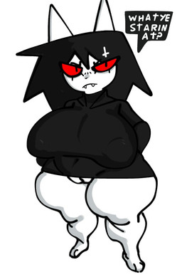 accessory anthro belly big_breasts black_clothing black_hair black_topwear bottomless bottomless_anthro bottomless_female breasts clothed clothing cross curvy_figure eyebrows eyelashes fangs female female_anthro front_view genitals hair hair_accessory hairclip huge_breasts huge_thighs inverted_cross inverted_cross_hair_clip mouth_closed narrowed_eyes nipple_outline red_sclera short_stackification simple_background solo speech_bubble standing teeth text thick_thighs topwear topwear_only vulva white_background white_body white_ears white_text xarop77 catwitch_(xarop77) domestic_cat felid feline felis mammal 2025 digital_drawing_(artwork) digital_media_(artwork) full-length_portrait portrait