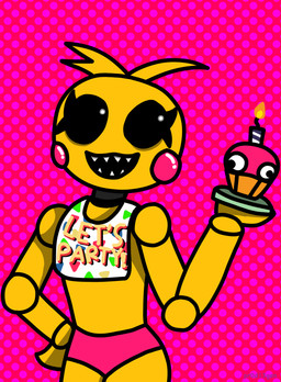 anthro beakless bib black_sclera clothing cupcake eyelashes female food glowing glowing_eyes hair looking_at_viewer machine panties pink_cheeks pink_clothing pink_panties pink_underwear pupils sharp_teeth simple_background smile smiling_at_viewer solo teeth underwear white_pupils yellow_body kairitehbunni five_nights_at_freddy's five_nights_at_freddy's_2 scottgames cupcake_(fnaf) toy_chica_(fnaf) animatronic avian bird chicken galliform phasianid robot 2025 hi_res shaded simple_shading