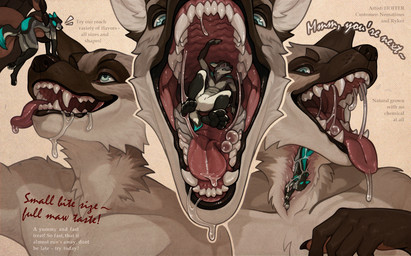 advertisement anthro blue_eyes bodily_fluids bubble claws cmyk collarbone drawing_tablet drooling duo ear_markings eating fangs fur gums internal male male/male male_pred mature_anthro mouth_shot open_mouth oral oral_penetration oral_vore pawpads paws penetration saliva side_view simple_background size_difference soft_vore teeth text textured_background tongue vintage vore wool_(fur) x-ray_view hoffersanchez canid canine canis fox mammal wolf hi_res