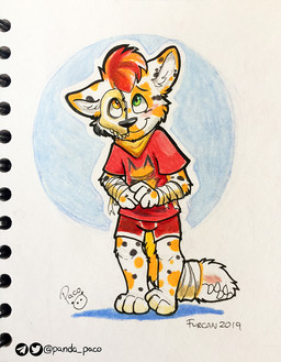 anthro bandage bandaged_arm bandaged_tail black_nose bottomwear closed_smile clothed clothing front_view fur glistening glistening_eyes green_eyes hair logo male male_anthro mask mouth_closed orange_eyes red_bottomwear red_clothing red_hair red_shirt red_t-shirt red_topwear shirt short_hair simple_background smile solo spotted_arms spotted_ears spotted_legs standing t-shirt tail tail_mouth topwear unusual_anatomy unusual_tail wearing_mask white_body white_fur yellow_body yellow_fur young young_anthro young_male pandapaco canid canine mammal 2019 artist_logo dated full-length_portrait portrait signature