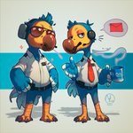 anthro beak belt biped clothing container cup duo electronics eyewear headphones male necktie simple_background speech_bubble sunglasses maaty-s animal_crossing nintendo orville_(animal_crossing) wilbur_(animal_crossing) avian bird columbid dodo recently_extinct_species 1:1 2020 pictographics brother_(lore) sibling_(lore)