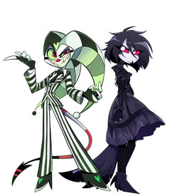 clothed clothing cosplay crossover_cosplay duo female fool's_hat hat headgear headwear male pattern_clothing pattern_suit simple_background spade_tail striped_clothing striped_suit stripes suit tail voice_actor_joke white_background chutaro_gonzade beetlejuice hellaverse helluva_boss beetlejuice_(character) fizzarolli_(helluva_boss) lydia_deetz octavia_(helluva_boss) avian avian_demon bird bird_demon demon humanoid imp owl owl_demon 2023 crossover hi_res