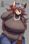 anthro big_breasts bottomwear breasts clothed clothing curvy_figure denim denim_bottomwear denim_clothing ear_piercing ear_ring eyewear eyewear_on_head female gem glasses goggles goggles_on_head hair hand_on_head hand_on_leg huge_breasts jeans jewelry lips long_hair mature_female necklace pants pearl_(gem) pearl_necklace piercing red_eyes ring_piercing simple_background solo sweater thick_bottom_lip thick_thighs topwear voluptuous sly_shadex canid canine fox mammal true_fox hi_res