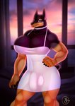 anthro breasts bulge cleavage clothed clothing detailed_bulge dress genital_outline gynomorph intersex muscular muscular_anthro muscular_gynomorph muscular_intersex penis_outline solo infected-ellis canid canine canis dobermann domestic_dog mammal pinscher hi_res