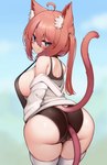 big_breasts big_butt black_clothing blue_eyes blush breasts butt clothing female hair inner_ear_fluff legwear looking_at_viewer looking_back looking_back_at_viewer raised_tail simple_background smile solo stockings swimwear tail thick_thighs tuft wide_hips kaptivate nekomia animal_humanoid cat_humanoid felid felid_humanoid feline feline_humanoid humanoid mammal mammal_humanoid 2022 hi_res