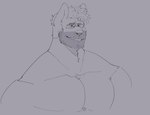anthro barazoku brown_eyes clothed clothing eyebrows eyewear glasses hair male male_anthro smile solo teeth topless topless_anthro topless_male melaisen canid canine mammal 2022 absurd_res bust_portrait digital_drawing_(artwork) digital_media_(artwork) greyscale hi_res monochrome portrait