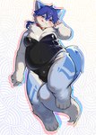 anthro belly blue_body blue_fur blush bulge collar fur kemono licking licking_lips male moobs navel overweight playboy_outfit solo tongue navi_(artist) canid canine canis mammal wolf hi_res