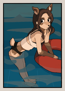 anthro bikini biped black_bottomwear black_clothing border bottomwear brown_body brown_ears clothing feet female hair leaning leaning_forward long_hair multicolored_body orange_border partially_submerged pool_float slim solo standing swimming_pool swimwear tail tan_body topwear two-piece_swimsuit two_tone_body water hhonchkrow234 deer mammal hi_res