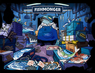 amazing_background anthro apron blue_apron blue_clothing bucket clothing container crate detailed_background eye_bags facial_piercing fin fish_hook fish_hook_piercing gloves handwear holding_cleaver holding_fish hook lip_piercing looking_at_viewer male open_mouth piercing pipe puddle rope sharp_teeth shirt solo stained_apron stained_clothing stained_shirt teeth text text_on_sign toony topwear torn_clothing white_clothing white_shirt white_topwear yellow_clothing yellow_gloves yellow_handwear yellow_sclera nelnal ambient_fish ambient_sealife aquatic fish 2025 detailed