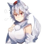 blush breasts clothed clothing female hair hand_on_breast hat headgear headwear inner_ear_fluff red_eyes simple_background solo tokin_hat tuft white_background white_hair kasuka_(kusuki) touhou momiji_inubashiri animal_humanoid canid canid_humanoid humanoid mammal mammal_humanoid 2018 half-length_portrait portrait