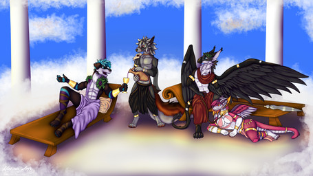 accesories alcohol anthro beverage black_body black_fur blue_hair bone brown_eyes clothing feathers female fur grey_body grey_fur group hair leash lying male pillow pink_body pink_fur roman skull white_body white_fur wine wings hunamarts mythology avian canid canine canis domestic_dog gryphon husky hybrid mammal mythological_avian mythological_creature nordic_sled_dog spitz 16:9 4k absurd_res hi_res widescreen