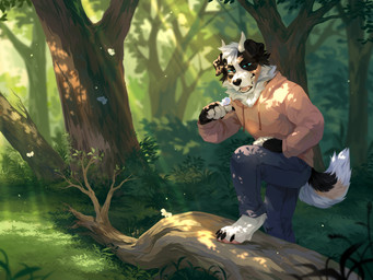 anthro black_body black_fur blue_eyes bottomwear clothed clothing fangs floppy_ears forest fur grass grey_bottomwear grey_clothing grey_pants hair horn light light_beam looking_at_viewer male multicolored_body multicolored_fur narrowed_eyes open_mouth orange_body orange_clothing orange_fur orange_topwear outside pants pawpads pink_pawpads plant shrub solo standing sunbeam sunlight teeth topwear tree unsigned white_body white_fur white_hair white_horn corzh77 canid canine canis domestic_dog hybrid mammal 4:3 absurd_res full-length_portrait hi_res portrait