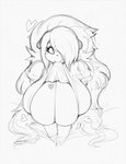 anthro big_breasts body_writing breasts clothing clothing_in_mouth female front_view heart_symbol huge_breasts looking_at_viewer one_eye_obstructed solo topwear writing_on_breasts smokyjai luna_paws bear giant_panda mammal hi_res monochrome sketch