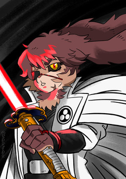 anthro black_sclera brown_body brown_fur brown_hair clothing coat eye_patch eyewear female fur hair holding_lightsaber lights lightsaber melee_weapon multicolored_body multicolored_fur pupils red_lightsaber red_pupils slit_pupils solo tan_body tan_fur topwear two_tone_body two_tone_fur weapon yellow_eyes brunofneves star_wars star_wars_visions lop_(star_wars_visions) lagomorph lepi leporid mammal absurd_res hi_res signature
