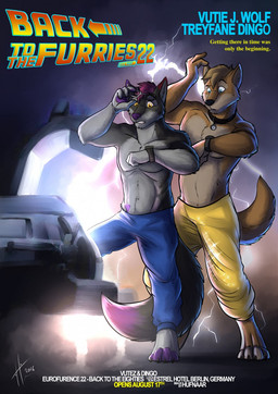 anthro black_claws black_collar black_nose blue_bottomwear blue_clothing blue_eyes blue_pants bottomwear brown_body brown_fur brown_hair claws clock clothed clothing collar duo electricity eyewear front_view fur glasses grey_body grey_fur hair male male_anthro pants purple_hair purple_nose short_hair standing text toe_claws topless watch white_body white_fur wristwatch yellow_bottomwear yellow_clothing yellow_eyes yellow_pants hufnaar back_to_the_future delorean canid canine mammal 2016 dated english_text hi_res signature