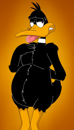 anthro black_body black_feathers bodily_fluids clenched_teeth embarrassed feathers male obese orange_background overweight simple_background solo standing sweat sweatdrop teeth tongue tongue_out pt80s0up looney_tunes warner_brothers daffy_duck anatid anseriform avian bird duck