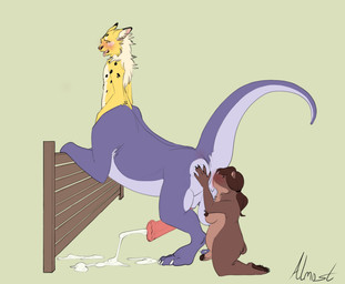 anal anthro balls blush bodily_fluids breasts brown_body butt claws cum deep_rimming duo erection fence genital_fluids genitals gynomorph hair intersex intersex/male male nipples nude oral penis rimming sex simple_background snout_fuck split_form tail iwilldrawalmostanything mythology bear dragon dragon_taur mammal mythological_creature mythological_scalie scalie taur hi_res