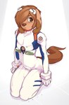 anthro biped brown_body brown_eyes brown_fur brown_hair brown_nose clothing cosplay femboy fur glistening glistening_eyes hair kneeling male plugsuit simple_background solo tight_clothing doxy neon_genesis_evangelion marty_(onta) rei_ayanami canid canine canis domestic_dog mammal