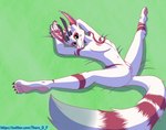 animal_genitalia anthro athletic fur genital_slit genitals looking_at_viewer lying male nude smile solo spread_legs spreading tail text white_body white_fur therobd mythology tiesci dragon furred_dragon furred_scalie mythological_creature mythological_scalie scalie absurd_res hi_res url