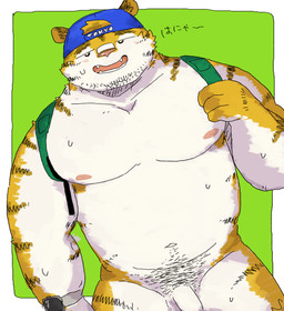 anthro backpack balls blush bodily_fluids clothing flaccid genitals hat headgear headwear humanoid_genitalia humanoid_hands humanoid_penis kemono male musclegut muscular nipples penis pubes solo sweat white_body och5 felid mammal pantherine tiger 2021 hi_res