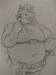 anthro belly belt bodily_fluids clothing eyewear goggles male navel overweight overweight_male shirt solo sweat t-shirt tool_belt topwear ran_ran_629 lifewonders live_a_hero viscunam mammal procyonid raccoon 3:4 hi_res traditional_media_(artwork)