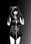 anthro blep body_bag clothing dress female gradient_background looking_at_viewer simple_background solo tongue tongue_out zipper zipper_dress hladilnik carol_(hladilnik) canid canine canis domestic_dog ghost mammal spirit 2022 black_and_white hi_res monochrome