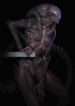 anthro athletic black_background bodily_fluids breasts claws dripping drooling exoskeleton eyeless featureless_breasts female long_tail medium_breasts noseless saliva saliva_drip saliva_on_face sharp_teeth simple_background skinny slim solo spiked_tail spikes spikes_(anatomy) tail teeth thin_tail oleg_bulakh alien_(franchise) alien xenomorph 2023 digital_drawing_(artwork) digital_media_(artwork) hi_res