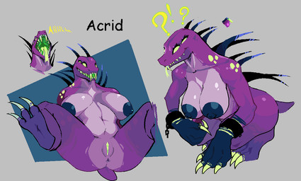 3_toes anthro big_breasts breasts claws crossgender fangs feet female genitals green_eyes green_tongue green_vulva mtf_crossgender multi_eye nipple_dip open_mouth purple_body purple_scales question_mark scales solo spikes teeth toe_claws toes tongue vulva dorans_flea risk_of_rain acrid_(risk_of_rain) alien scalie