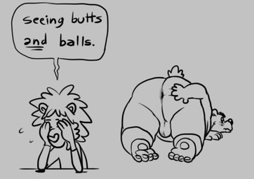 anthro anus backsack balls blush butt duo genitals humanoid_hands male obese obese_anthro obese_male overweight overweight_anthro overweight_male text osos bear felid lion mammal pantherine 2015 english_text monochrome