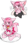 accessory anthro bell bell_collar bodily_fluids bow_accessory clothing collar female fox_ears fox_tail fur goo_transformation hair hair_accessory hair_ribbon human_to_anthro maid_uniform male open_mouth pink_body pink_eyes pink_fur pink_hair pink_nose ribbons simple_background sitting sitting_on_ground solo species_transformation sweat sweatdrop text transformation uniform white_background shizumi_tsubasa canid canine fox human mammal 2022 absurd_res hi_res translation_request