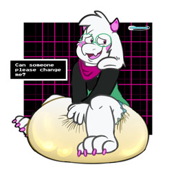 anthro big_diaper bodily_fluids diaper embarrassed feces full_diaper genital_fluids huge_diaper leaking_diaper male soiled_diaper soiling solo unclean_diaper urine used_diaper wet wet_diaper wetting possumkiddo deltarune undertale_(series) ralsei bovid caprine goat mammal 2025 absurd_res hi_res