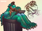 3_toes 5_fingers anthro apple_pencil blue_markings body_hair brown_body brown_hair chest_hair claws curly_hair eyewear facial_hair feet fingers glasses goatee green_body green_markings hair hand_on_chin inside_trash_can male markings musclegut muscular muscular_anthro muscular_male red_spikes scale_markings scales sideburns simple_background solo spiked_tail spikes spikes_(anatomy) tablet_computer tail thinking toe_claws toes trash_can yellow_eyes trick_rex apple_inc. ipad trick_rex_(character) dinosaur prehistoric_species reptile scalie theropod tyrannosaurid tyrannosauroid tyrannosaurus tyrannosaurus_rex absurd_res hi_res signature sketch