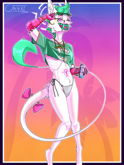 abstract_background anthro beverage big_ears bikini bow_ribbon bracelet breasts clothing eyewear female fur green_clothing green_hair green_shirt green_teeth green_topwear hair hazard_symbol holding_object jewelry long_tail looking_at_viewer low-angle_view necklace palm_tree pink_eyes plant radiation_symbol scuted_arms scutes shirt short_hair slim small_breasts solo sunglasses swimwear symbol tail teeth topwear tree two-piece_swimsuit white_body white_fur onyxmeow gta_vi_cover_girl passel_(ralek) kalsava_(original_species) 3:4 absurd_res hi_res