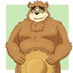 anthro belly blush brown_body brown_fur clothing covering covering_crotch embarrassed eyebrows eyewear fur glasses hat headgear headwear male moobs nude overweight overweight_male straw_hat thick_eyebrows yaki_atsuage lifewonders tokyo_afterschool_summoners volos_(tas) bear mammal 1:1 hi_res