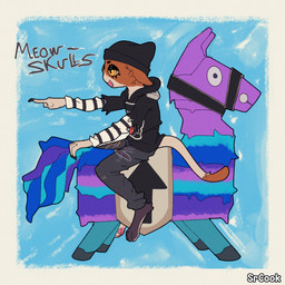 anthro female gesture hand_gesture pointing skinny solo thin_calves thin_legs thin_thighs srcook el_cuarteto_de_nos epic_games fortnite loot_llama_(fortnite) meow_skulls calico_cat domestic_cat felid feline felis mammal 1:1 absurd_res hi_res