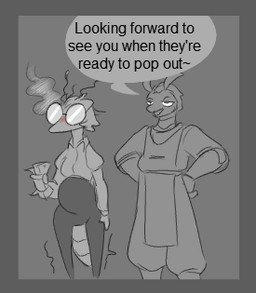 antennae_(anatomy) anthro biped blush border bottomwear clothed clothing dialogue duo eyewear female front_view glasses grey_background grey_border hair male open_mouth pregnant simple_background speech_bubble tail text topwear jizzus arthropod english_text greyscale low_res monochrome
